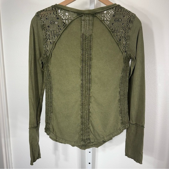 Free People Stitch Lace Long Sleeve Henley Top Size Small Olive Green - Picture 2 of 7